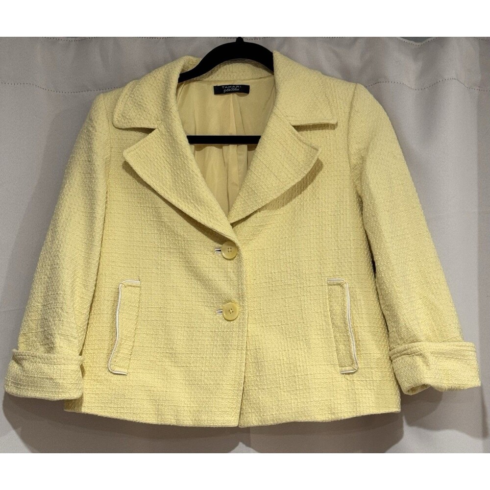 Tahari by Elie Tahari Yellow Tweed Cropped Jacket Button Front Lined 3/4 0